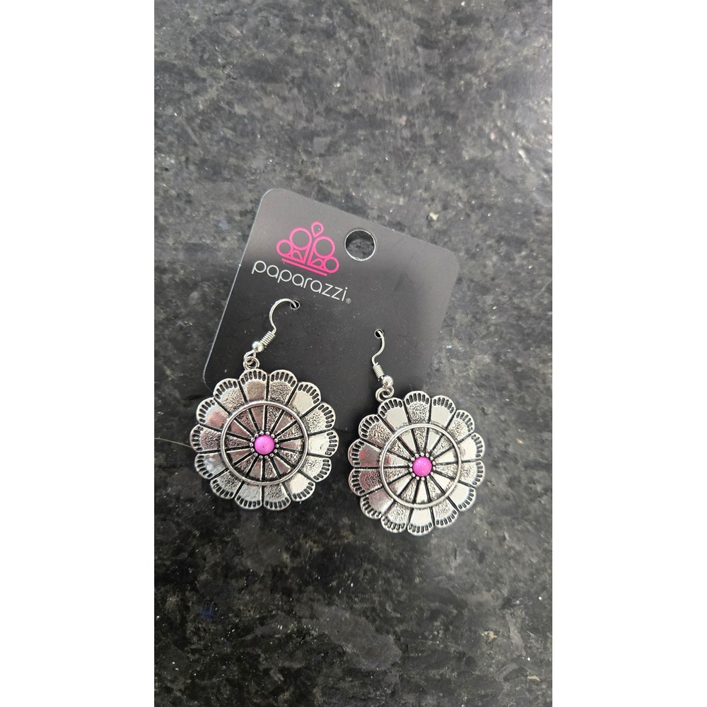 Paparazzi Silver Pink Bead Floral Sunflower Drop Earrings Boho Southwestern New